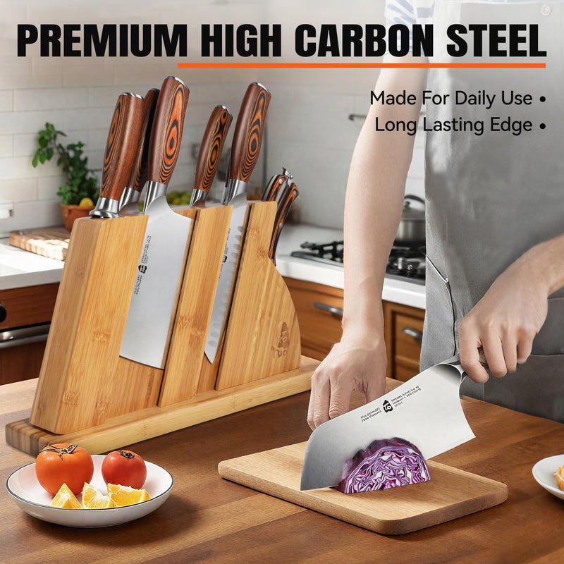 TUO Sharp Knife Set for Kitchen, 8 Piece Wooden Knife Block Set, Forged German Steel with Woodgrain Pakkawood Ergo Handle, Rust Resistant - Fiery Phoenix Series - Image 4